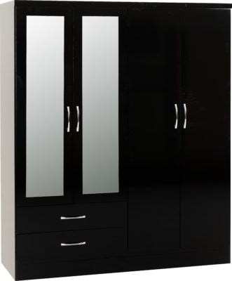 Nevada 4 Door 2 Drawer Mirrored Wardrobe in Black Gloss