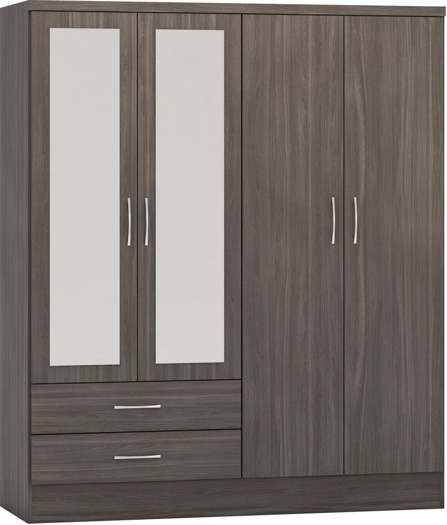 Nevada 4 Door 2 Drawer Mirrored Wardrobe Black Wood Grain Effect Venner