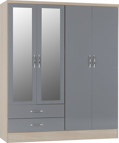 Nevada 4 Door 2 Drawer Mirrored Wardrobe in Grey Gloss/Light Oak Venner Effect