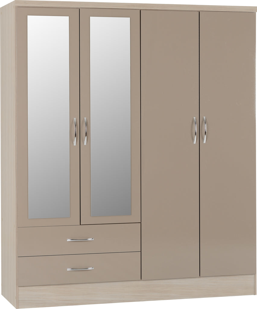 Nevada 4 Door 2 Drawer Mirrored Wardrobe in Oyster Gloss/Light Oak Venner Effect