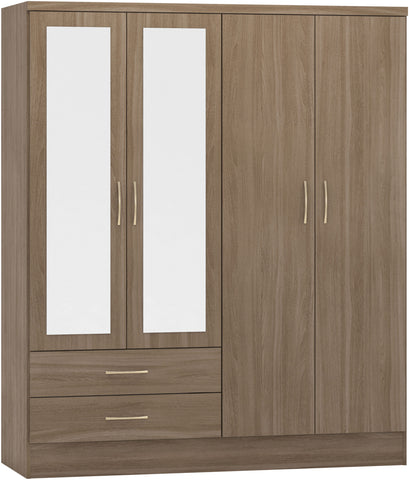 Nevada 4 Door 2 Drawer Mirrored Wardrobe in Rustic Oak Venner Effect