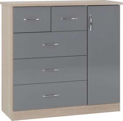 Nevada 5 Drawer Low Wardrobe in Grey Gloss/ With Light Oak Effect Veneer