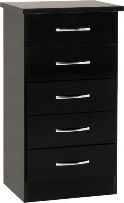 Nevada 5 Drawer Narrow Chest  in Black Gloss