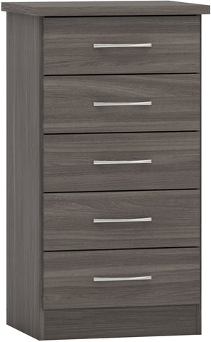 Nevada 5 Drawer Narrow Chest  in Black Wood Grain Effect Veneer