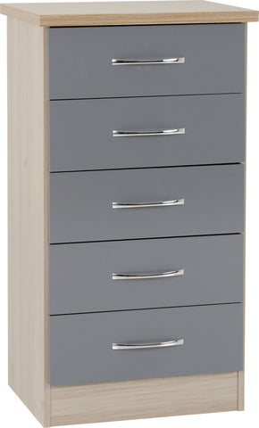 Nevada 5 Drawer Narrow Chest  in Grey Gloss/Light Oak Effect Veneer
