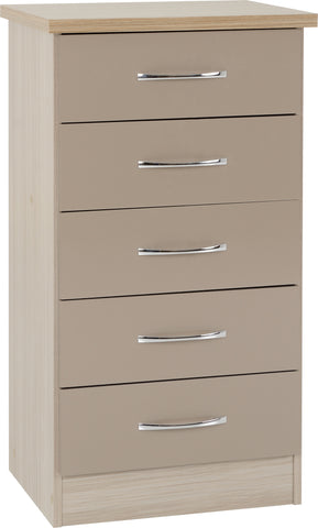 Nevada 5 Drawer Narrow Chest  in Oyster Gloss/Light Oak Effect Veneer