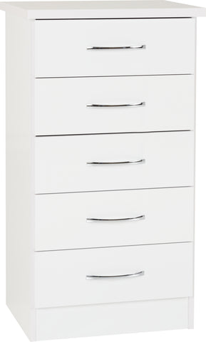 Nevada 5 Drawer Narrow Chest  in White Gloss