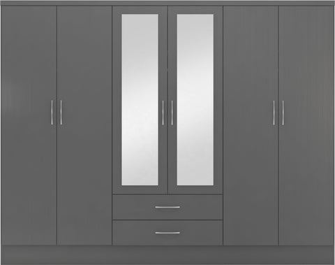 Nevada 6 Door 2 Drawer Mirrored Wardrobe in 3D Effect Grey Venner