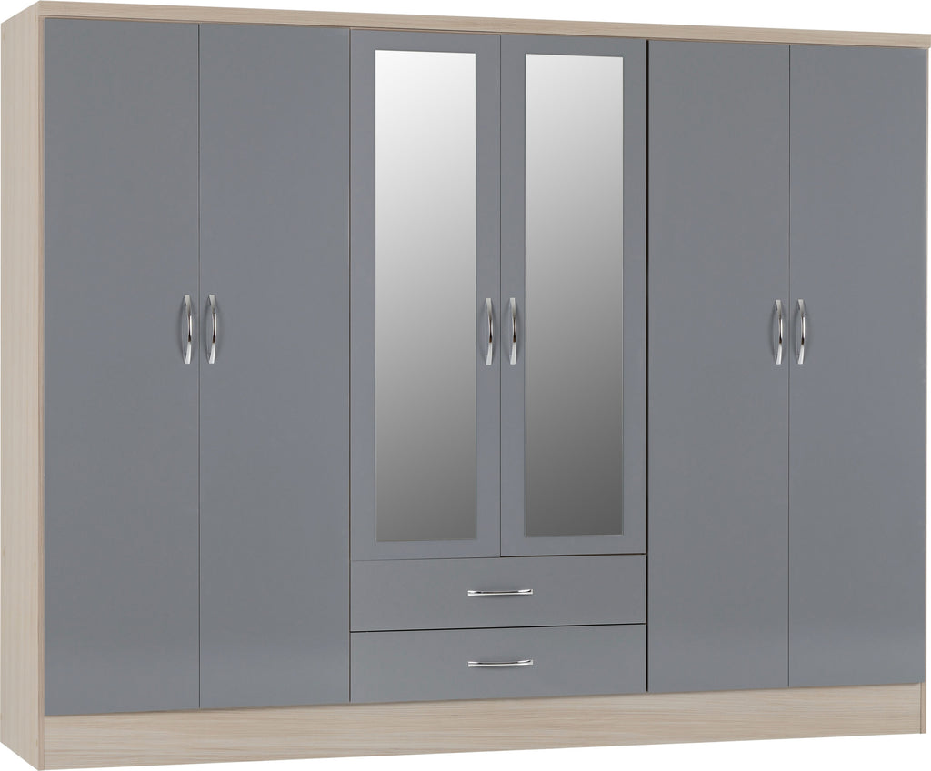 Nevada 6 Door 2 Drawer Mirrored Wardrobe in Grey Gloss/Light Oak Venner