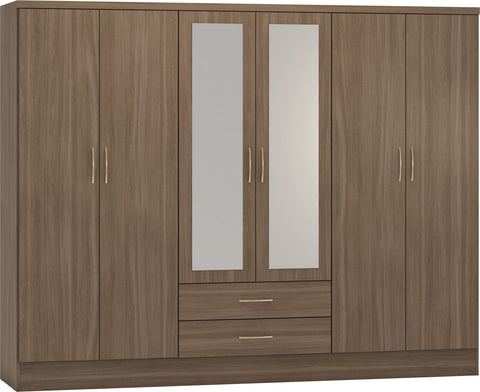 Nevada 6 Door 2 Drawer Mirrored Wardrobe in Rustic Oak Effect Venner