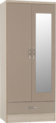 Nevada 2 Door 1 Door Mirrored 1 Drawer Wardrobe in Oyster Gloss With Light Oak Effect Veneer