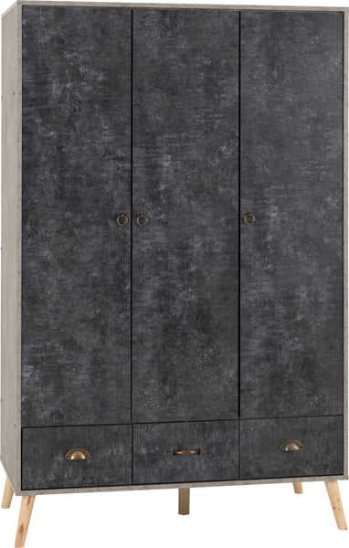 Nordic 3 Door 3 Drawer Wardrobe in Concrete Effect/Charcoal