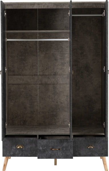 Nordic 3 Door 3 Drawer Wardrobe in Concrete Effect/Charcoal