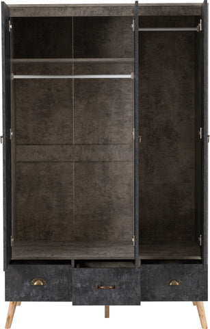 Nordic 3 Door 3 Drawer Wardrobe in Concrete Effect/Charcoal