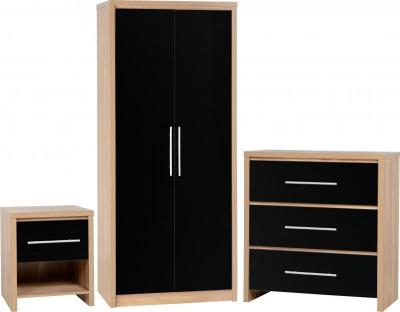 Seville Bedroom Set in Light Oak Veneer/Black High Gloss