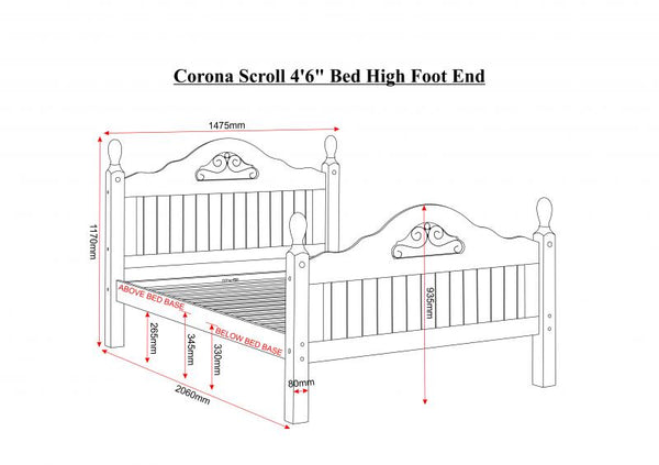 Corona Scroll 4'6" Bed High Foot End in Distressed Waxed Pine