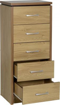 Charles 5 Drawer Narrow Chest in Oak Effect Veneer with Walnut Trim