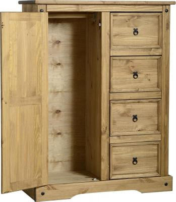 Corona 1 Door 4 Drawer Low Wardrobe in Distressed Waxed Pine