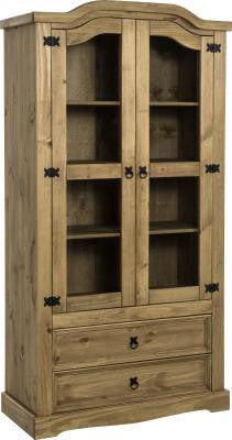 Corona 2 Door 2 Drawer Glass Display Unit in Distressed Waxed Pine/Clear Glass