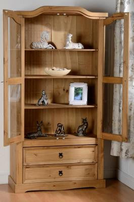 Corona 2 Door 2 Drawer Glass Display Unit in Distressed Waxed Pine/Clear Glass