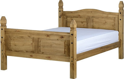 Corona 4'6" Wooden  Bed High Foot End in Distressed Waxed Pine.