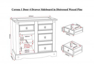 Corona 1 Door 4 Drawer Sideboard in Distressed Waxed Pine.