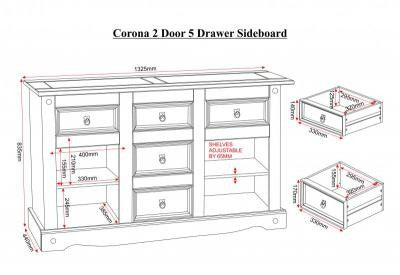 Corona 2 Door 5 Drawer Sideboard in Distressed Waxed Pine.