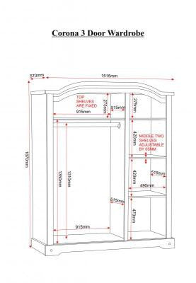 Corona 3 Door Wardrobe in Distressed Wax Pine.
