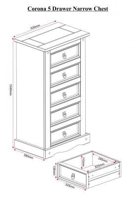 Corona 5 Drawer Narrow Chest in Distressed Waxed Pine