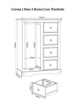 Corona 1 Door 4 Drawer Low Wardrobe in Distressed Waxed Pine