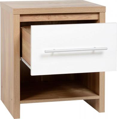 Seville 1 Drawer Bedside Cabinet in Light Oak Effect Veneer/White  High Gloss