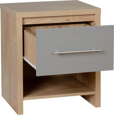 Seville 1 Drawer Bedside Cabinet in Light Oak Effect Veneer/Grey High Gloss