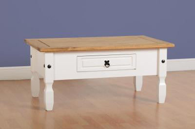Corona 1 Drawer Coffee Table in White/Distressed Waxed Pine.