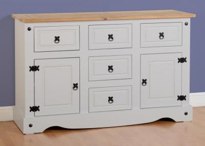 Corona 2 Door 5 Drawer Sideboard in Grey/Distressed Waxed Pine.