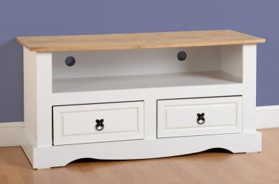 Corona 2 Drawer Flat Screen TV Unit in White/Distressed Waxed Pine