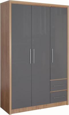 Seville 3 Door 2 Drawer Wardrobe in Light Oak Effect Veneer/Grey High Gloss