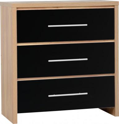 Seville 3 Drawer Chest in Light Oak Effect Veneer/Black High Gloss