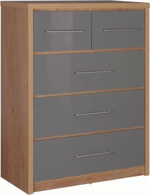 Seville 3+2 Drawer Chest in Light Oak Effect Veneer/Grey  High Gloss