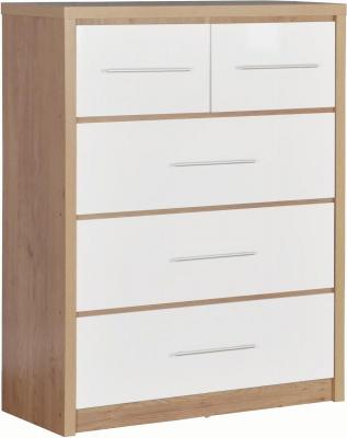 Seville 3+2 Drawer Chest in Light Oak Effect Veneer/White  High Gloss