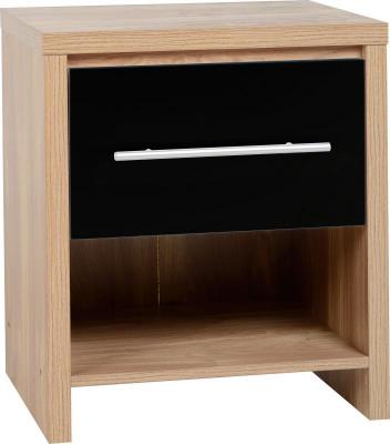 Seville 1 Drawer Bedside Cabinet in Light Oak Effect Veneer/Black  High Gloss