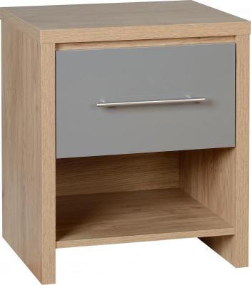 Seville 1 Drawer Bedside Cabinet in Light Oak Effect Veneer/Grey High Gloss