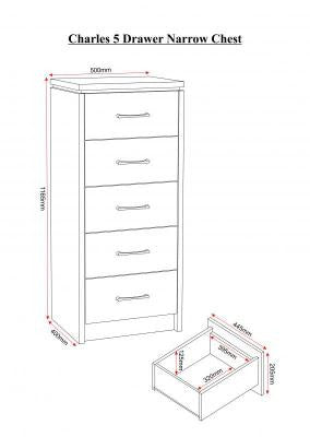 Charles 5 Drawer Narrow Chest in Oak Effect Veneer with Walnut Trim