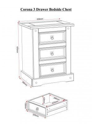 Corona 3 Drawer Bedside Chest in Distressed Waxed Pine.